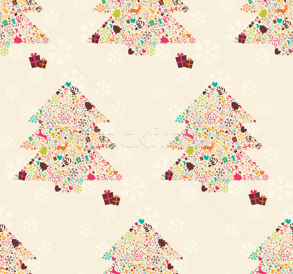 Seamless pattern with ornamental Christmas tree with reindeers, gift boxes and snowflakes, vector il Stock photo © BlueLela