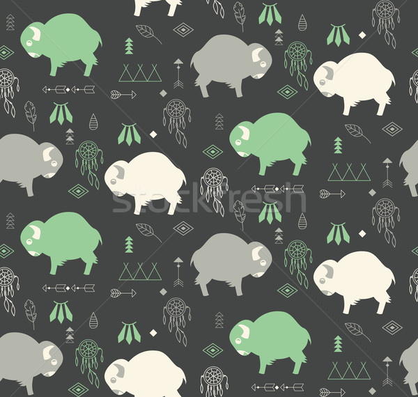 Stock photo: Seamless pattern with cute baby buffaloes and native American sy