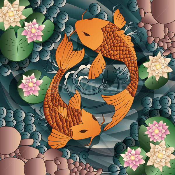 Carp Koi fish swimming in a pond with water lilie Stock photo © BlueLela