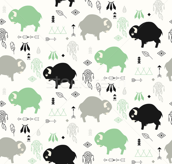 Seamless pattern with cute baby buffaloes and native American sy Stock photo © BlueLela