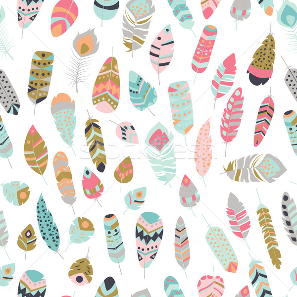 Seamless pattern with boho vintage tribal ethnic colorful vibrant feathers, vector illustration Stock photo © BlueLela