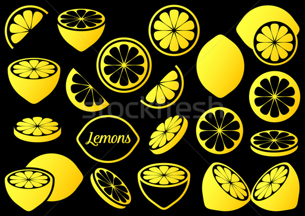Foto stock: Limão · ícones · amarelo · vetor · isolado · preto
