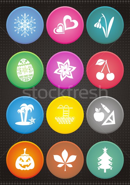 [[stock_photo]]: Calendrier · coloré · icônes · mois · symboles