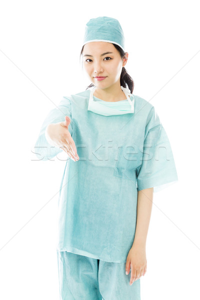 Stockfoto: Asian · vrouwelijke · chirurg · hand · handdruk · geïsoleerd