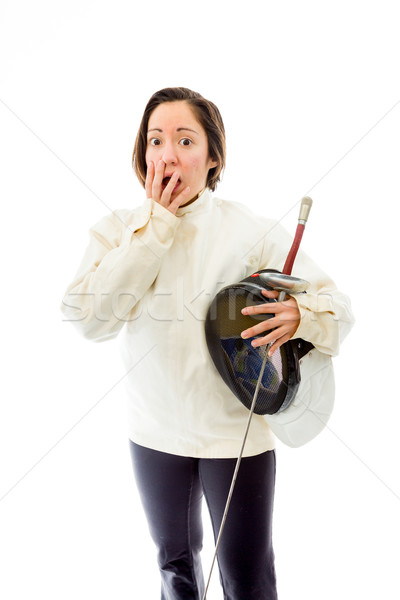 Female fencer hand over her mouth and shock Stock photo © bmonteny