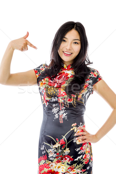 Zdjęcia stock: Asian · młoda · kobieta · wskazując · odizolowany · biały · portret