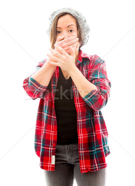 Young woman with hand over her mouth and shock Stock photo © bmonteny