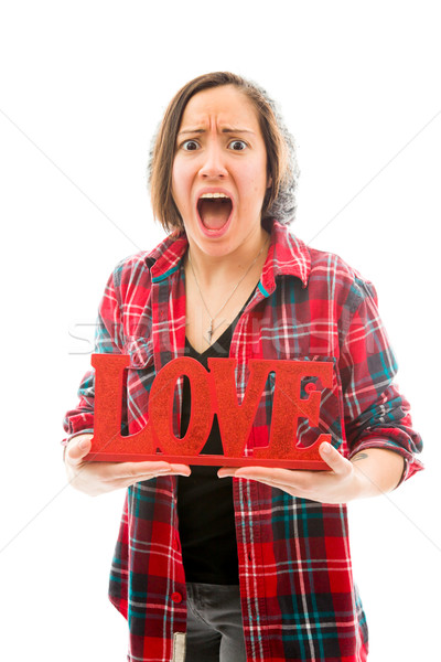 Gniew młoda kobieta miłości tekst Zdjęcia stock © bmonteny