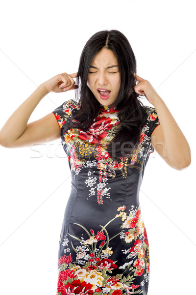 Asian young woman shouting with hands in ear Stock photo © bmonteny