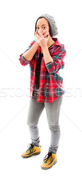 Genç kadın el ağız şok kafkas Stok fotoğraf © bmonteny