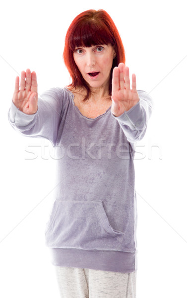 Rijpe vrouw stoppen gebaar teken beide Stockfoto © bmonteny