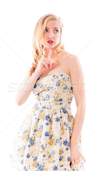 [[stock_photo]]: Belle · jeune · femme · permanent · doigt · menton · robe