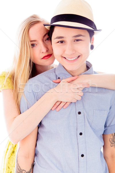 Leszbikus pár szeretet mosolyog románc áll Stock fotó © bmonteny