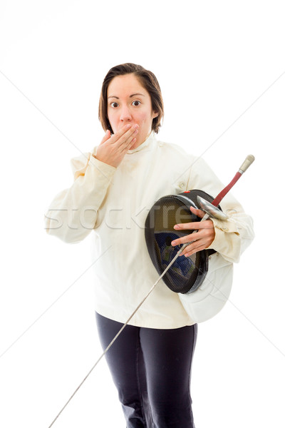 Female fencer hand over her mouth and shock Stock photo © bmonteny