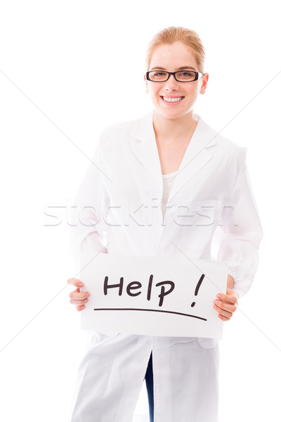 Foto stock: Feminino · cientista · ajudar · assinar · branco