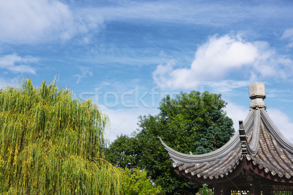 Foto stock: Chinês · telhado · céu · árvores · topo · pagode