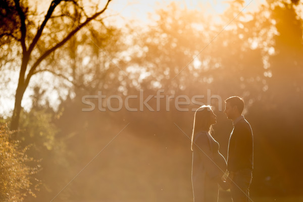 Stockfoto: Gelukkig · paar · najaar · park · zwangere · vrouw · liefhebbend