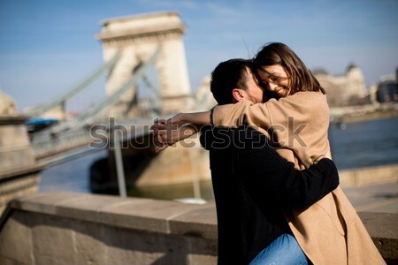 Couple in love hugging of the magnificent landscape view of Buda Stock photo © boggy