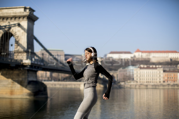 Stockfoto: Vrouw · sportkleding · lopen · donau · rivier · promenade