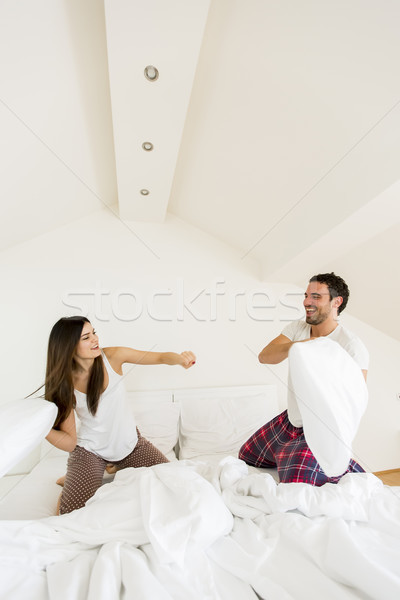 çift yatak yastık kavgası kadın adam Stok fotoğraf © boggy