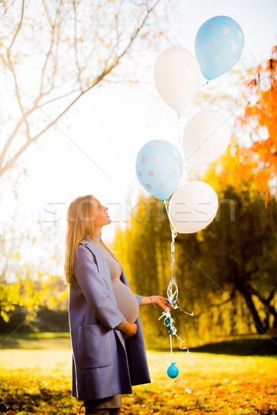 Stockfoto: Zwangere · vrouw · ballonnen · najaar · park · jonge · hand