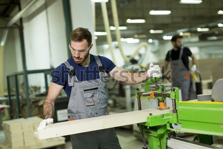 Two handsome young men working in lumber workshop Stock photo © boggy