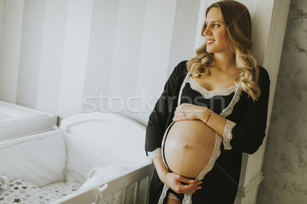 Stock fotó: Terhes · nő · visel · fehérnemű · pózol · szoba · fotó