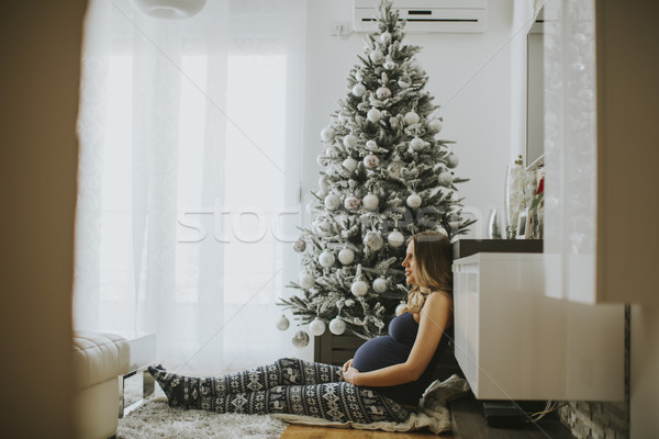 Mooie jonge zwangere vrouw kerstboom kamer vrouw Stockfoto © boggy