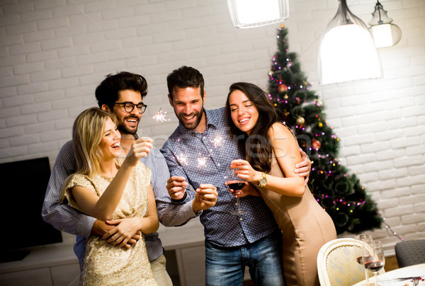 Cheerful women and men celebrating New Year eve with sparkles an Stock photo © boggy
