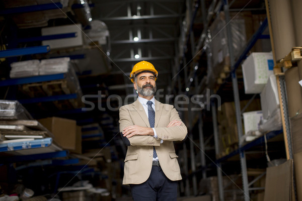 Portrait of senior businessman in suit with helmet in a warehous Stock photo © boggy