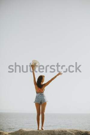Pretty young woman on the stony beach at sunny day Stock photo © boggy