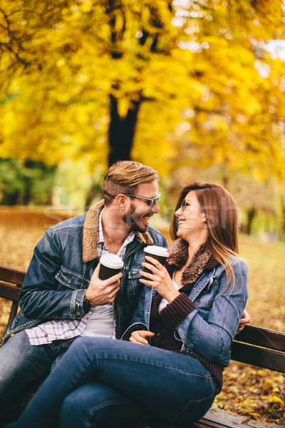 Couple automne parc jeunes affectueux banc Photo stock © boggy