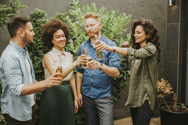 Friends having outdoor garden party toast with alcoholic cider d Stock photo © boggy