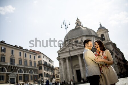 Stock photo: Young couple in love hugging posing in front of the Pantheon in 