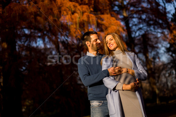 Stockfoto: Gelukkig · paar · najaar · park · zwangere · vrouw · man