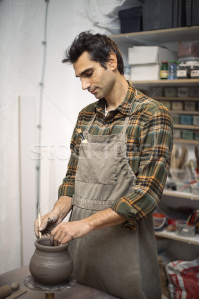 Foto stock: Moço · cerâmica · oficina · mão · trabalhando