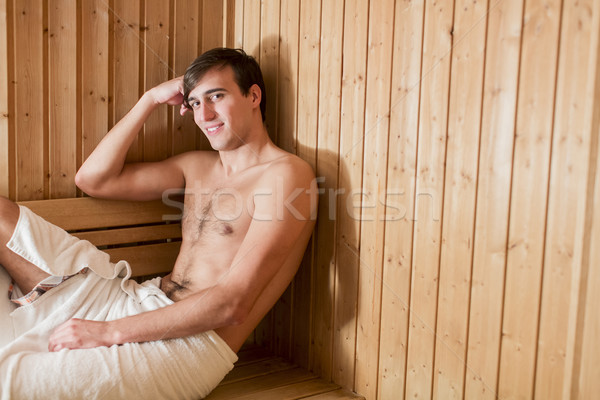 Genç sauna rahatlatıcı ahşap portre genç Stok fotoğraf © boggy