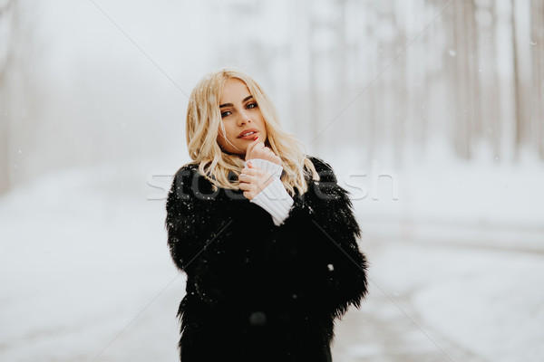 Foto stock: Mulher · loira · fora · neve · inverno · casaco · retrato