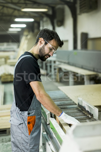 Zdjęcia stock: Przystojny · młody · człowiek · pracy · tarcica · fabryki · meble