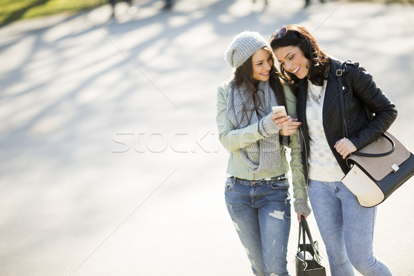 Portrait of two beautiful young women walking and talking in the Stock photo © boggy
