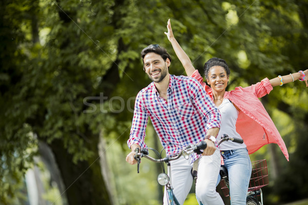 Paardrijden tandem fiets boom man Stockfoto © boggy