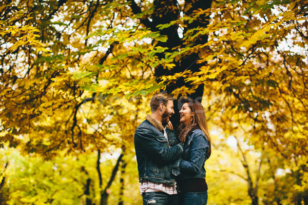 Loving couple in the autumn park Stock photo © boggy