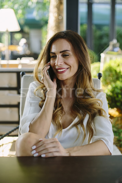 Foto stock: Mulher · jovem · sessão · café · telefone · móvel · verão · dia