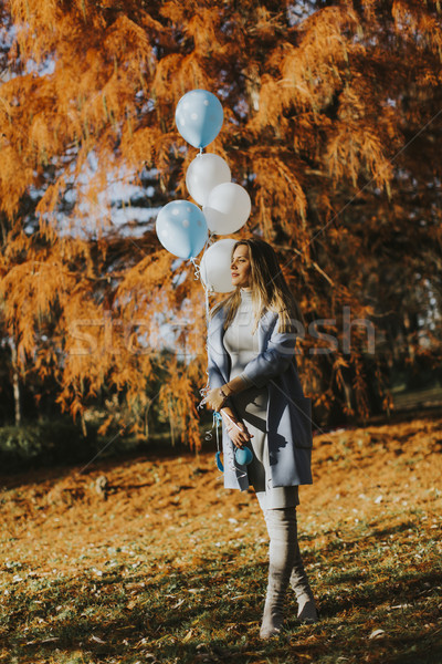 Pregnant woman walks in autumn park with balloons in hand Stock photo © boggy