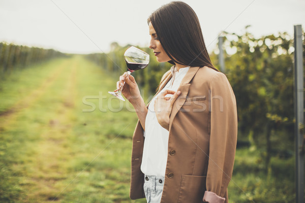 Fiatal nő kóstolás bor szőlőskert csinos vörösbor Stock fotó © boggy