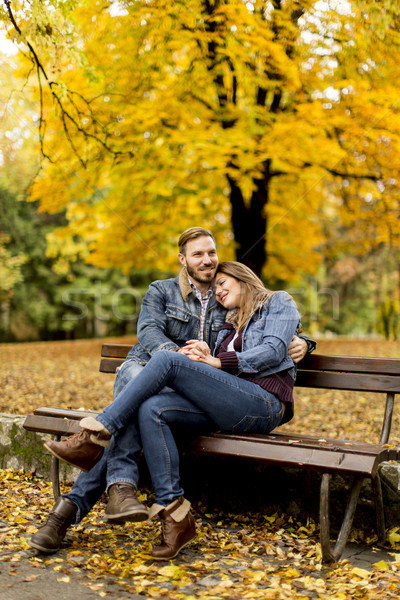 Foto d'archivio: Giovani · amorevole · Coppia · panchina · autunno · parco