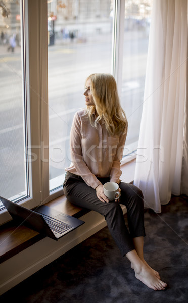 Foto stock: Bastante · mulher · jovem · usando · laptop · sessão · janela · negócio