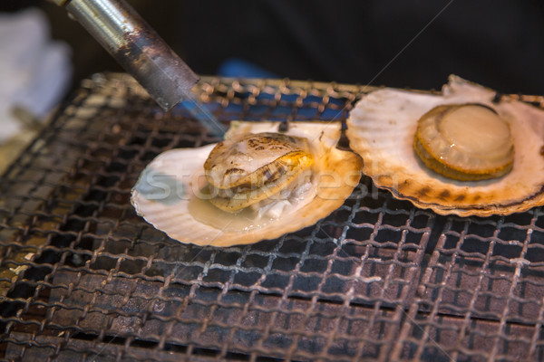 Preparing fresh scallops Tsukiji fish market in Tokyo Stock photo © boggy