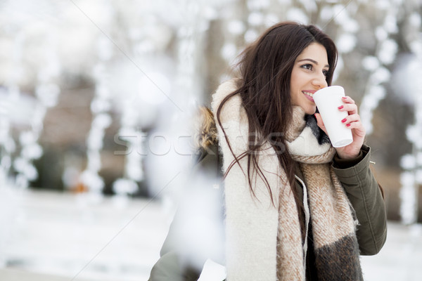 Pretty young woman drinking hot tea on a winter day Stock photo © boggy