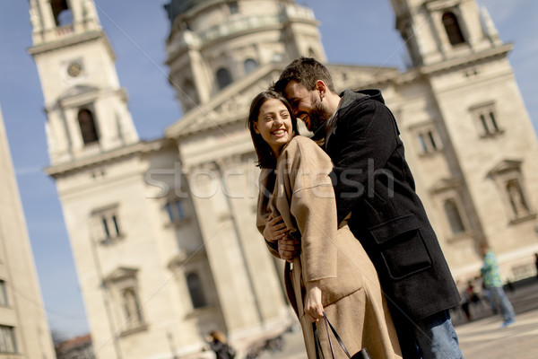 Stock fotó: Szerető · pár · Budapest · Magyarország · bazilika · mögött